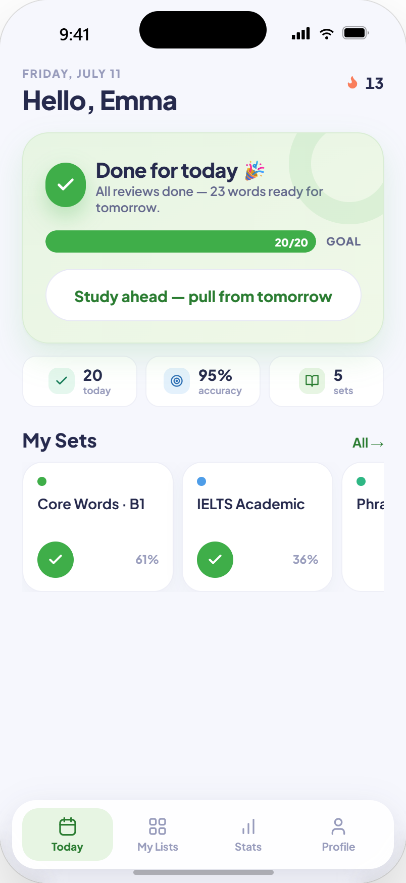 Today screen with daily goal and sets